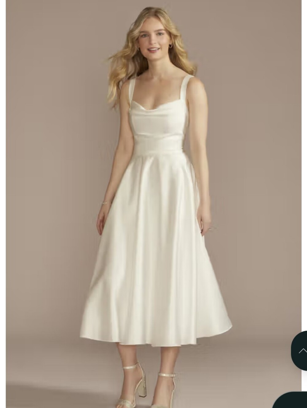 White Satin Cowl-Neck Midi Dress with Wide Straps